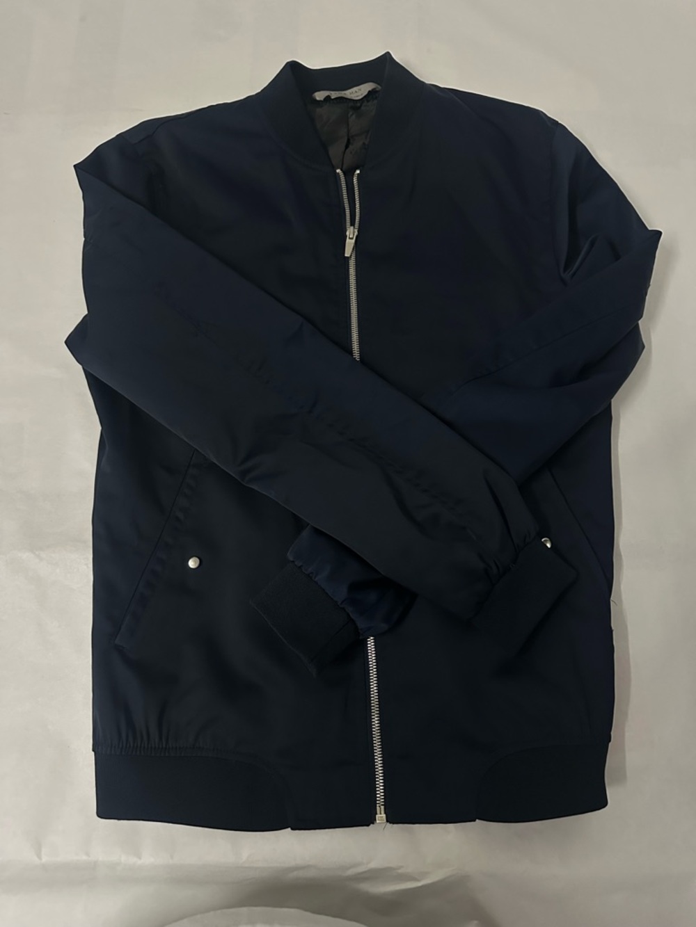 ZARA MAN Men's Navy Bomber Jacket Size S Short Stand-Up Collar Zip Casual